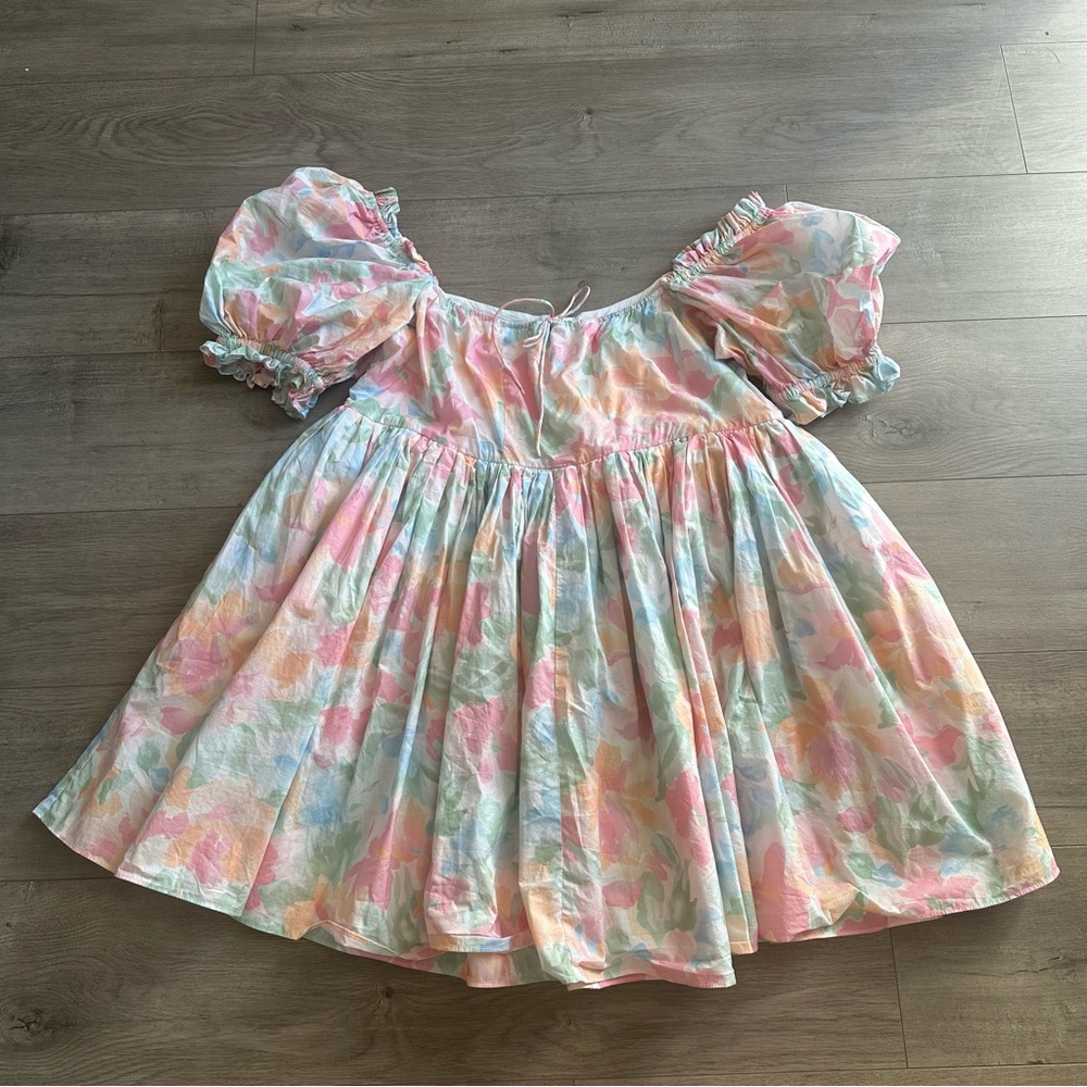 EUC Selkie Puff sleeve mini dress - size 2X - pastel: pink, orange, blue, green